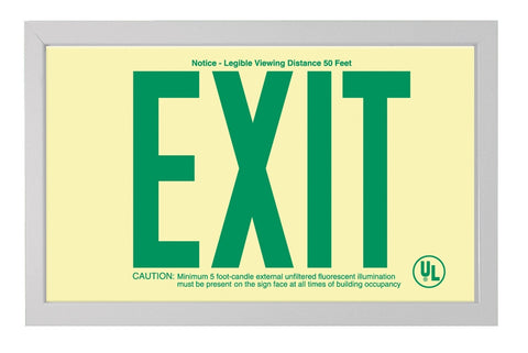 UL924-Listed EXIT Sign: Green Text on P/L Rigid in silver Alu Frame (UL924/RG+silverFRAME)